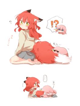 2girls animal_ear_fluff animal_ears barefoot blue_eyes blush bocchi_the_rock! chibi closed_mouth commentary_request cube_hair_ornament fox_ears fox_girl fox_tail gotoh_hitori gotoh_hitori_(tsuchinoko) hair_ornament highres kemonomimi_mode kita_ikuyo long_hair multiple_girls pink_hair rebecca_(keinelove) red_hair school_uniform shuka_high_school_uniform simple_background sitting tail translation_request white_background yellow_eyes