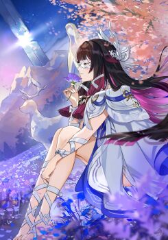 1girl barefoot black_hair closed_eyes closed_mouth columbina_(genshin_impact) dress flower genshin_impact hand_up highres holding holding_flower leg_wrap long_hair multicolored_hair outdoors purple_hair sitting sky smile solo soraneko_hino two-tone_hair very_long_hair white_dress