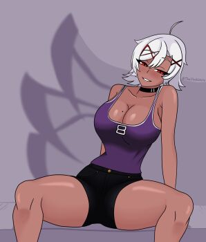 Rule 34 | 1girl, absurdres, artist name, birthmark, black choker, black shorts, breasts, choker, commentary, dark-skinned female, dark skin, english commentary, grey background, grey hair, highres, large breasts, lucille (cslucaris), purple shirt, purple tank top, red eyes, seductive smile, shadow, shirt, short shorts, shorts, sitting, smile, spread legs, tank top, theyoshimire, thick thighs, thighs