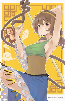 1girl :3 arm_up armpits artist_name bare_shoulders blue_skirt blush breasts brown_hair commentary_request covered_navel detached_sleeves feet_out_of_frame gold_headband green_shirt hands_up highres holding holding_test_tube holding_with_tail knees lattice long_hair long_tail looking_at_viewer medium_breasts monkey monkey_girl monkey_tail nagato_tsumugu prehensile_tail red_eyes shirt sideboob skirt solo son_biten tail test_tube touhou twintails two-tone_shirt yellow_background yellow_shirt