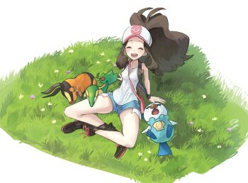 1girl :d arm_support asamaru1225 bag baseball_cap black_vest blue_shorts blush boots brown_hair closed_eyes commentary_request flower gen_5_pokemon grass hat highres hilda_(pokemon) long_hair nintendo open_clothes open_mouth open_vest oshawott pink_bag poke_ball_print pokemon pokemon_(creature) pokemon_bw shirt shorts shoulder_bag sidelocks sitting smile snivy starter_pokemon_trio teeth tepig vest white_headwear white_shirt