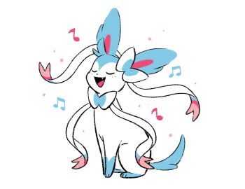 Rule 34 | alternate color, animal focus, closed eyes, commentary, english commentary, fang, gen 6 pokemon, gotchibam, music, musical note, nintendo, no humans, pokemon, pokemon (creature), pokemon focus, shiny pokemon, simple background, singing, sitting, smile, solo, sylveon, white background