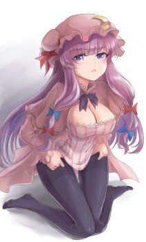 1girl black_pantyhose blouse blue_bow blunt_bangs blush bow bowtie breasts capelet cleavage crescent double_bun full_body hair_bow hair_bun hat hat_bow highres kneeling knees_together_feet_apart large_breasts long_hair long_sleeves looking_at_viewer mob_cap namiki_(remiter00) pantyhose parted_lips patchouli_knowledge pulling purple_bow purple_bowtie purple_eyes purple_shirt red_bow shirt sidelocks simple_background solo striped touhou vertical_stripes very_long_hair white_background