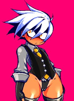 1girl :d cameltoe commentary_request dokata_(hamanan_doboku_kougyou) flat_chest hands_on_own_hips lowres necktie open_mouth original pink_background sanpaku short_hair simple_background smile strap swept_bangs tan tanline thighhighs vest white_hair