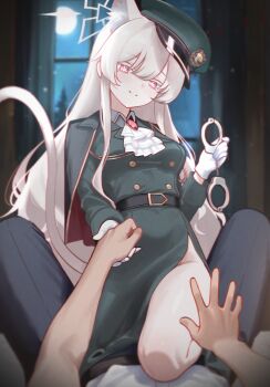1boy 1girl akira_(blue_archive) akira_(miria)_(blue_archive) animal_ear_fluff animal_ears ascot belt black_pants blue_archive cat_ears cat_girl cat_tail cuffs extra_ears girl_on_top gloves green_jacket green_skirt hair_between_eyes halo hand_grab handcuffs highres holding holding_handcuffs indoors jacket long_hair looking_at_viewer mellow_(srpp4843) moon night pants parted_lips pink_eyes pink_halo pov red_eyes shirt sidelocks skirt smile tail white_ascot white_gloves white_hair white_shirt