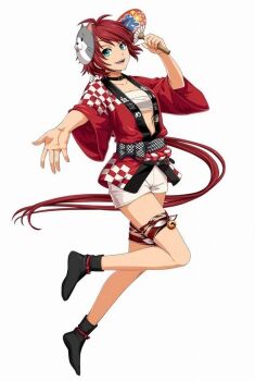 Rule 34 | 1girl, :d, akatsuki no kiseki, ao no kiseki, black collar, black socks, collar, collarbone, eiyuu densetsu, full body, green eyes, holding, japanese clothes, kimono, looking at viewer, open clothes, open kimono, open mouth, outstretched arm, red hair, red kimono, sarashi, shirley orlando, short hair, short shorts, shorts, simple background, smile, socks, solo, thigh strap, white background, white shorts