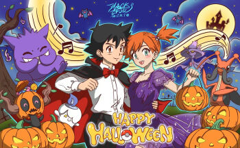 1boy 1girl :d alternate_costume ash_ketchum black_hair blush bow bowtie brown_eyes buttons candy cape closed_mouth dress eyelashes fangs food full_moon gen_1_pokemon gen_4_pokemon gen_5_pokemon gen_6_pokemon gengar green_eyes halloween halloween_bucket halloween_costume happy_halloween highres holding jack-o&#039;-lantern kricketune litwick looking_at_viewer mismagius misty_(pokemon) moon musical_note night night_sky nintendo open_mouth orange_hair outdoors phantump poke_ball poke_ball_(basic) pokemon pokemon_(anime) pokemon_(classic_anime) pokemon_(creature) pokemon_rgby ponytail pumpkin purple_dress shirt short_hair side_ponytail sky smile spiked_hair star_(sky) tree white_shirt zubat