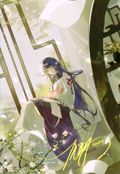 Rule 34 | 1girl, absurdres, ahoge, alternate costume, artist name, bare shoulders, blunt bangs, book, branch, chinese clothes, chinese commentary, commission, couch, dappled sunlight, day, flower, fox, fox girl, genshin impact, green background, hair down, hair flower, hair intakes, hair ornament, happy birthday, highres, image sample, indoors, layered clothes, lofter sample, long sleeves, looking down, mole, mole under eye, mors gn, multicolored hair, off shoulder, on couch, open book, plant, purple eyes, purple hair, raiden shogun, reading, sample watermark, shade, signature, sitting, skirt, sleeveless, solo focus, streaked hair, sunlight, sweater, watermark, white skirt, white sweater, yae miko, yae miko (fox)