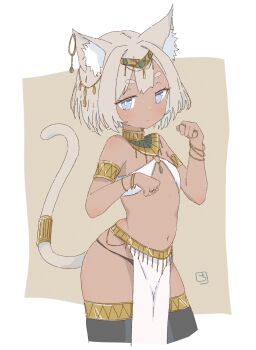 1girl :< ancient_egyptian ancient_egyptian_clothes animal_ear_fluff animal_ears armlet bare_shoulders black_thighhighs blue_eyes bracelet bright_pupils cat_ears cat_tail chuttttty_ill closed_mouth commentary_request cowboy_shot cropped_legs dark-skinned_female dark_skin expressionless grey_hair hands_up highres brown_egyptian_cat-eared_loli_(trend) jewelry jitome loincloth looking_at_viewer multiple_rings navel original paw_pose ring short_hair simple_background solo tail tail_ornament tail_raised tail_ring thick_eyebrows thighhighs usekh_collar white_loincloth white_pupils