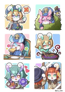 6+girls :< :d ^_^ absurdres animal_ears apron aqua_background artist_name belt beret black_headwear blathine_(genshin_impact) blue_apron blue_background blue_coat blue_headwear blush bouquet bread bread_slice brown_coat brown_hair brown_ribbon brown_shirt bush butter butter_knife buttons canvas_(object) chair closed_eyes closed_mouth coat coffee coffee_mug coin collared_dress commentary_request cooking_pot cosanzeana_(genshin_impact) crossed_bangs cup dog dress flower flower_symbol food genshin_impact gentleman_poodle_(genshin_impact) green_dress green_eyes grey_hair hair_between_eyes hat heart highres holding holding_bouquet holding_flower holding_food holding_paintbrush knife long_sleeves looking_at_viewer mamere_(genshin_impact) melusine_(genshin_impact) mirror mora_(genshin_impact) motion_lines mug muirne_(genshin_impact) multiple_girls naku_weed niwa_2810 open_mouth orange_belt orange_eyes orange_flower outline paint paint_on_clothes paint_splatter paintbrush parted_bangs peaked_cap pink_background pink_eyes pink_hair plate potion purple_background purple_flower red_hair reflection rhemia_(genshin_impact) ribbon saucer shaking_head shirt short_hair silk_flower_(genshin_impact) sitting sleeve_cuffs sleeveless sleeveless_dress smile sparkle speech_bubble spoken_object stirring sumeru_rose_(genshin_impact) swept_bangs table tail toast twitter_username verenata_(genshin_impact) white_outline windwheel_aster_(genshin_impact) yellow_background