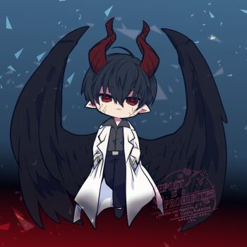 1boy black_hair black_shirt black_wings chibi chibi_only coat collared_shirt colored_veins feathered_wings floating full_body hair_between_eyes hands_in_pockets hashtag-only_commentary head_tilt highres kim_dokja kimidori_22 male_focus official_alternate_costume omniscient_reader&#039;s_viewpoint open_clothes open_coat pointy_ears red_eyes shirt short_hair solo white_coat wings