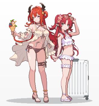 2girls ahoge arknights bare_shoulders bikini black_bikini breasts cleavage criss-cross_halter demon_horns eyewear_on_head food frilled_bikini frilled_thigh_strap frills gamepix green_eyes hair_ornament hair_rings halterneck hashtag-only_commentary heart heart-shaped_eyewear holding holding_food holding_ice_cream holding_ice_cream_cone horns ice_cream ice_cream_cone jewelry long_hair multiple_girls myrtle_(arknights) myrtle_(summer_flowers)_(arknights) navel necklace official_alternate_costume pixel_art pointy_ears purple_eyes red_hair rolling_suitcase sandals shell shell_necklace side-tie_bikini_bottom star_(symbol) star_hair_ornament stomach suitcase surtr_(arknights) surtr_(colorful_wonderland)_(arknights) swimsuit swimsuit_cover-up thigh_strap white_bikini