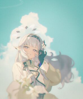 1girl admiralkeyes black_gloves blue_archive blue_hairband blue_sky blurry cloud commentary day dress flower gloves grin hair_flower hair_ornament hairband halo hand_up highres himari_(blue_archive) jacket long_hair long_sleeves looking_at_viewer outdoors pointy_ears purple_eyes sky smile solo turtleneck upper_body white_flower