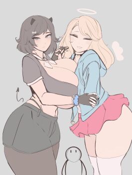 1other 2girls absurdres angel angel_and_devil angel_wings asymmetrical_docking black_eyes black_gloves black_hair black_pantyhose black_shirt black_skirt blonde_hair blue_jacket breast_press breasts closed_eyes closed_mouth commentary cowboy_shot cropped_shirt demon_girl demon_horns demon_tail english_commentary ferdinandusdart gloves grey_background halo highres holding_hands horns huge_breasts jacket long_hair looking_at_viewer microskirt miniskirt multiple_girls original panty_straps pantyhose parted_bangs pink_skirt shirt short_hair short_sleeves simple_background skirt smile swept_bangs tail thighhighs white_halo white_thighhighs wings