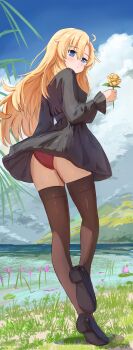 absurdres ass back black_dress blonde_hair blue_eyes commission commissioner_upload dress flower flygombal highres looking_at_viewer mary_(ib) non-web_source panties park shoes thighhighs underwear yellow_flower
