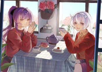 2girls black_ribbon blue_eyes brown_shirt cake cake_slice cardigan commentary cup donut flower food hair_ribbon holding holding_cup honkai_(series) honkai_impact_3rd kiana_kaslana long_hair mofumanju multiple_girls pink_flower ponytail purple_eyes purple_hair raiden_mei red_cardigan red_flower red_rose red_sweater ribbon rose salt_shaker shirt sitting smile sweater symbol-only_commentary table tablecloth teacup teapot white_hair window