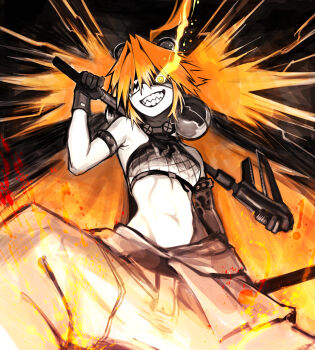 1girl absurdres ahoge animal_ears bare_shoulders bear_ears black_gloves breasts crop_top eyepatch fake_animal_ears fingerless_gloves gloves hair_between_eyes hair_ornament haishima_xv highres holding koleda_belobog long_hair looking_at_viewer midriff navel pants red_eyes red_hair solo sphere_hair_ornament twintails zenless_zone_zero