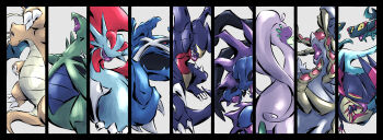 6+others :&gt; claws dragapult dragon dragon_horns dragon_tail dragon_wings dragonite dreepy flying full_body garchomp gen_1_pokemon gen_2_pokemon gen_3_pokemon gen_4_pokemon gen_5_pokemon gen_6_pokemon gen_7_pokemon gen_8_pokemon goodra highres horns hydreigon jumping ken_hollow kommo-o looking_at_viewer metagross multiple_others nintendo no_humans pokemon pokemon_(creature) salamence serious simple_background spikes tail tyranitar wings