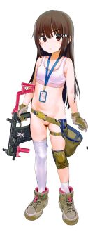 1girl asymmetrical_legwear baigao-ji_(baigao) belt boots bottomless bra breasts brown_boots brown_eyes brown_gloves brown_hair full_body gloves gluteal_fold groin gun hair_ornament hairclip highres holster id_card knee_pads legs loli long_hair looking_at_viewer mismatched_legwear original pink_bra pussy single_knee_pad single_sock single_thighhigh small_breasts socks solo standing stomach thigh_strap thighhighs thighs training_bra underwear weapon weapon_request white_socks white_thighhighs zhongye_yu