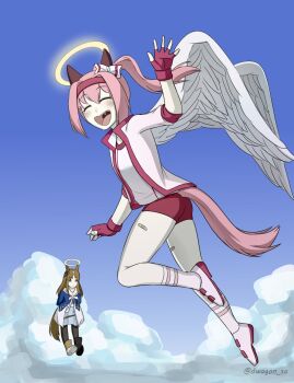 2girls angel_wings animal_ears armband asymmetrical_footwear bandaid bandaid_on_leg black_pantyhose blue_eyes blue_jacket blush bow brown_hair buruma closed_eyes closed_mouth dress ear_bow ear_covers ear_ornament ear_ribbon fingerless_gloves gloves grass_wonder_(umamusume) hairband halo haru_urara_(bestest_prize)_(umamusume) haru_urara_(umamusume) headband highres horse_ears horse_girl horse_tail jacket long_hair long_sleeves looking_at_viewer mismatched_footwear multicolored_hair multiple_girls open_mouth pantyhose pink_buruma pink_hair pink_headband ponytail red_armband red_buruma red_gloves red_headband reference sailor_collar shirt smile socks son_goku striped_clothes striped_socks tail umamusume wagon_(dwagon_sa) white_bow white_dress white_hair white_jacket white_sailor_collar white_shirt wings