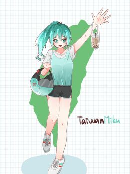 Rule 34 | adapted costume, akamatsu ruuuu, aqua eyes, aqua hair, arm up, bubble tea, chinese text, commentary, elbow carry, english commentary, english text, grid background, hatsune miku, helmet, high ponytail, highres, holding, holding unworn helmet, layered clothes, looking at viewer, mixed-language commentary, motorcycle helmet, ponytail, shirt under shirt, shoes, short sleeves, shorts, smile, sneakers, standing, standing on one leg, taiwan, traditional chinese text, unworn helmet, variant set, vocaloid, waving, worldwide miku