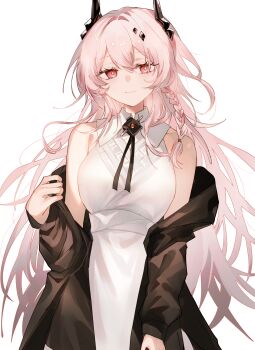 1girl ambience_synesthesia arknights bare_shoulders black_coat black_horns black_ribbon braid bright_pupils closed_mouth coat commentary_request dress fumi_(rdbm) hair_between_eyes highres horns long_hair looking_at_viewer neck_ribbon off_shoulder official_alternate_costume pink_eyes pink_hair ribbon simple_background sleeveless sleeveless_dress smile solo theresa_(arknights) white_background white_pupils