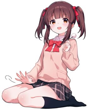 1girl black_socks blush brown_hair full_body highres idolmaster idolmaster_cinderella_girls jia_wenyuan lap_pillow_invitation looking_at_viewer mimikaki ogata_chieri open_mouth orange_eyes pink_sweater sidelocks sitting skirt smile socks solo sweater twintails wariza
