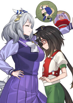 2girls absurdres afterimage animal_ears arm_up black_hair bow bowtie breasts brown_hair character_request closed_eyes closed_mouth commentary_request ears_back ears_down from_side fukuro_(maruaru00) gradient_hair grey_hair gym_shirt gym_shorts hand_on_own_hip height_difference highres hishi_miracle_(umamusume) horse_ears horse_girl horse_tail kabedon large_breasts leg_between_thighs long_hair long_sleeves looking_at_another looking_at_breasts low_ponytail meme motion_lines multicolored_hair multiple_girls nervous nervous_sweating outstretched_arm partially_shaded_face pleated_skirt ponytail purple_hair purple_shirt purple_skirt school_uniform shirt short_sleeves shorts skirt smile speech_bubble stay_gold_(umamusume) sweat tail tail_wagging thought_bubble tracen_school_uniform two-tone_hair umamusume very_long_hair white_bow white_bowtie yamcha_pose_(meme) you_gonna_get_raped yuri
