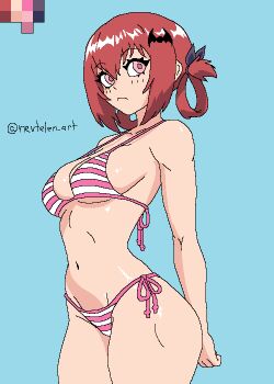1girl aged_up arms_behind_back bat_hair_ornament bikini blue_background blush breasts collarbone color_guide english_text frown gabriel_dropout hair_ornament hair_rings looking_back looking_to_the_side medium_breasts multicolored_bikini navel nevtelen pink_bikini pink_eyes red_hair satanichia_kurumizawa_mcdowell short_hair side-tie_bikini_bottom sideboob simple_background solo swimsuit twitter_username underboob watermark white_bikini