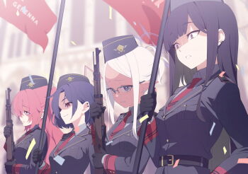 4girls artist_request black_jacket blue_archive clenched_teeth collared_shirt dark-skinned_female dark_skin ear_piercing evil_smile flag forehead game_cg glasses grey_shirt gun hair_between_eyes half_updo hat highres holding holding_flag holding_gun holding_weapon jacket long_hair multiple_girls necktie non-web_source official_art pandemonium_society_member_(blue_archive) parted_lips piercing pink_hair pointy_ears purple_eyes purple_hair red_eyes red_necktie rifle sailor_hat semi-rimless_eyewear shaded_face shirt short_hair smile teeth weapon white_hair