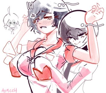1boy 2girls araragi_koyomi artist_name azmcch black_eyes black_hair black_necktie blush bob_cut breasts bright_pupils closed_mouth collared_shirt commentary curled_fingers dress_shirt embarrassed emoji empty_eyes expressive_hair eyelashes front-to-back grabbing_another's_breast groping hair_between_eyes hair_over_one_eye hands_on_another's_chest hands_up hanekawa_tsubasa highres holding juliet_sleeves large_breasts long_sleeves looking_at_another looking_back looking_down monogatari_(series) multiple_girls naoetsu_high_school_uniform narrowed_eyes necktie nose_blush notice_lines one_eye_closed oshino_ougi owarimonogatari pale_skin parted_lips partially_colored pink_shirt puffy_long_sleeves puffy_sleeves purple_eyes raised_eyebrows red_trim scene_reference school_uniform shirt short_hair short_sleeves signature simple_background sleeves_past_fingers sleeves_past_wrists small_breasts smile summer_uniform surprised two-handed untranslatable_commentary upper_body white_background white_pupils winter_uniform yuri