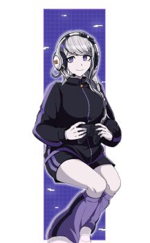 1girl alternate_costume black_jacket black_shorts braid commentary controller english_commentary full_body grid_background headphones headset highres jacket kirifuji_nozomi leg_warmers looking_at_viewer microphone playing_games purple_background purple_eyes purple_leg_warmers shorts simple_background sitting smile the_hundred_line_-last_defense_academy- thighhighs track_jacket white_background white_hair yasudas zipper