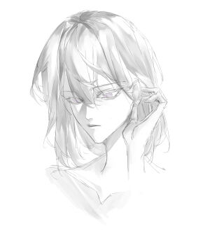 Rule 34 | 1girl, absurdres, bang dream!, bang dream! it's mygo!!!!!, commentary, greyscale, hair between eyes, hashtag-only commentary, highres, medium hair, misumi uika, monochrome, purple eyes, putaooking, simple background, solo, spot color, tucking hair, white background