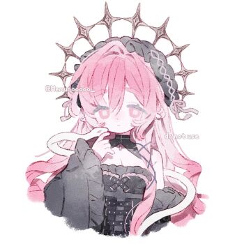 1girl bare_shoulders black_dress breasts cleavage cropped_torso dress frilled_sleeves frills hair_between_eyes hair_ornament hand_up jewelry long_hair long_sleeves memuro original pink_eyes pink_hair simple_background snake solo upper_body white_background white_snake wide_sleeves