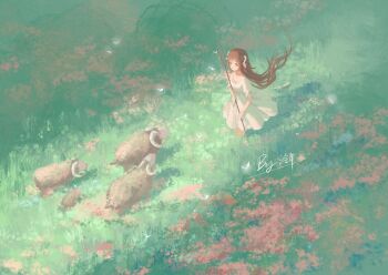 1girl alternate_costume animal_ears arknights artist_name baby_animal brown_eyes brown_hair bug butterfly chinese_commentary closed_mouth commentary dress eyjafjalla_(arknights) field floating_hair flower grass highres holding holding_staff horns insect lamb ling_nian_dolly long_hair looking_at_animal pink_flower puffy_short_sleeves puffy_sleeves sheep sheep_ears sheep_horns short_sleeves smile solo spring_(season) staff sundress very_long_hair white_butterfly white_dress wide_shot