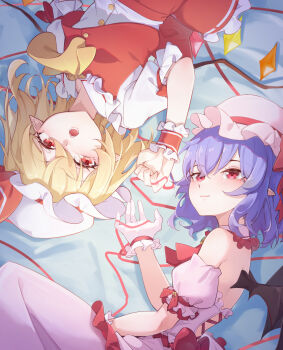 Rule 34 | 2girls, backless dress, backless outfit, bat wings, beret, blonde hair, closed mouth, commentary request, dress, flandre scarlet, hat, highres, ling huanxiang, looking at viewer, lying, medium hair, multiple girls, on back, on side, open mouth, pink dress, pointy ears, purple hair, red eyes, red shirt, red skirt, remilia scarlet, shirt, skirt, smile, touhou, white hat, wings