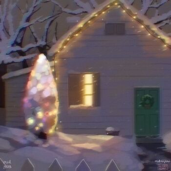 2023 artist_name christmas_lights christmas_tree christmas_wreath door fence highres house madnopost no_humans omori outdoors picket_fence scenery snow snowing stoop_(architecture) window wooden_fence wreath