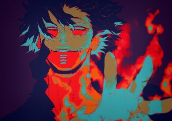 Rule 34 | 1boy, black hair, boku no hero academia, burn scar, commentary request, dabi (boku no hero academia), fire, floating hair, highres, looking at viewer, male focus, outstretched hand, parted lips, scar, shigeru (shigeru no ttt), short hair, simple background, smile, solo, stitched face, stitches