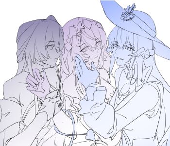 3girls absurdres acheron_(honkai:_star_rail) black_swan_(honkai:_star_rail) breasts chinese_commentary choker cleavage commentary_request demon_horns demon_tail gloves hat highres holding_another's_wrist honkai:_star_rail honkai_(series) horns long_hair long_sleeves mole multiple_girls partially_colored prehensile_tail puffy_long_sleeves puffy_sleeves single_bare_shoulder sun_hat sweatdrop tail the_dahlia_(honkai:_star_rail) veil white_background xianyuqihaouki yuri