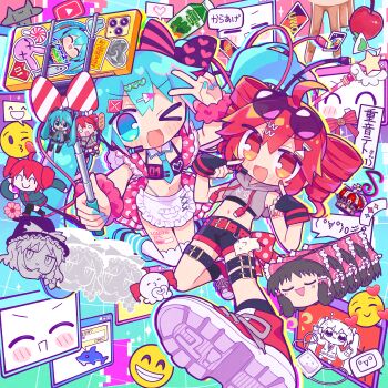 >_o 2girls 39 :d ;d ^_^ absurdres ahoge alien_alien_(vocaloid) animal apron arm_up baguette belt bkub_(style) black_bow black_gloves black_shorts black_socks blue_background blue_eyes blue_hair blue_nails blue_necktie blue_socks blush_stickers bow bread cable card cellphone character_name charm_(object) chibi claw_pose closed_eyes commentary_request crop_top cropped_hoodie crown cursor_hair_ornament dog double-parted_bangs drawstring drill_hair drop_shadow emoji eyepatch eyewear_on_head fingerless_gloves food frilled_apron frills gloves gradient_background green_background grid_background hachune_miku hair_between_eyes hair_bow hair_ornament hakurei_reimu hatsune_miku heart heart_hair_ornament heart_print highres holding hood hood_down hoodie hourglass_hair_ornament ima_sugu_rinne_(vocaloid) internet_survivor kasane_teto kasane_teto_(sv) kirisame_marisa kyoufuu_all_back_(vocaloid) kyu-kurarin_(cevio) lagtrain_(vocaloid) long_hair medical_eyepatch midriff multiple_girls multiple_thigh_straps musical_note nail_polish navel necktie octopus one_eye_closed open_mouth phone pink_bow pink_scrunchie pixelated playing_card pointing pointing_at_self print_bow red_belt red_bow red_eyes red_hair red_nails red_shoes richard_(richaball) scrunchie sekai-chan_to_kafu-chan_no_otsukai_gassoukyoku_(cevio) selfie_stick shoes short_hair short_shorts shorts sleeveless sleeveless_hoodie smartphone smile sneakers socks sparkle speech_bubble sticker striped_bow striped_clothes striped_gloves striped_socks suki_na_souzai_happyou_dragon_(utau) sunglasses tasukete_eirin thigh_belt thigh_strap thighhighs tie_clip touhou twin_drills twintails uno_(game) unworn_eyepatch utau v vegetable_juice vocaloid waist_apron white_apron white_thighhighs window_(computing) wrist_scrunchie yukkuri_shiteitte_ne