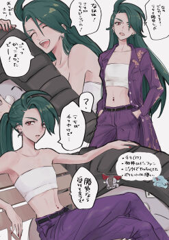 1girl absurdres crop_top delinquent donphan earrings flat_chest gen_2_pokemon green_hair highres jacket jewelry long_hair mtkpasta narrow_waist navel_piercing nintendo pants phanpy piercing pokemon pokemon_sv ponytail purple_jacket purple_pants red_eyes rika_(pokemon) skinny smile speech_bubble strapless sukeban translation_request triangle_earrings tube_top