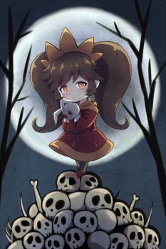 >:( ashley_(warioware) black_hair black_pantyhose bone branch chibi curled_ends flats full_moon holding holding_toy long_hair long_sleeves looking_at_viewer matchamassa moon night nintendo orange_trim pantyhose pile_of_skulls red_eyes red_footwear silhouette skull sky stitched_mouth stitches stuffed_animal stuffed_rabbit stuffed_toy toy tree twintails v-shaped_eyebrows warioware