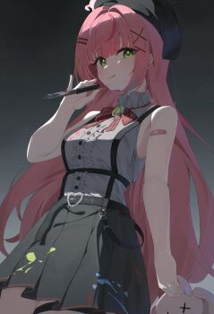 Rule 34 | 1girl, absurdres, arm at side, bandaid, bandaid on arm, beret, black hat, black skirt, blood, bloody weapon, bow, bowtie, breasts, brooch, center frills, closed mouth, frilled shirt, frilled shirt collar, frills, green eyes, grey shirt, hair intakes, hair ornament, hairclip, hanako nana, hand up, hashtag-only commentary, hat, highres, holding, holding knife, holding stuffed toy, jewelry, k cyp, knife, long hair, looking at viewer, looking to the side, multicolored hair, night, outdoors, paint on clothes, paint splatter, parallel hairclips, pink hair, plaid bow, plaid bowtie, plaid clothes, pleated skirt, red bow, red bowtie, shirt, shirt tucked in, sideways glance, skirt, sleeveless, sleeveless shirt, solo, star (sky), stellive, straight hair, streaked hair, stuffed animal, stuffed toy, tongue, tongue out, very long hair, virtual youtuber, weapon, x hair ornament