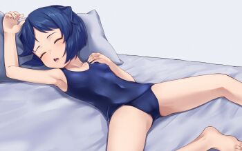 1girl arcana_heart arm_above_head arm_up bed blue_hair blue_one-piece_swimsuit breasts closed_eyes collarbone daidouji_kira feet_out_of_frame female_focus hand_on_own_chest head_on_pillow highres large_variant_set loli lying on_back on_bed one-piece_swimsuit open_mouth pillow short_hair sleeping small_breasts solo south1switch swimsuit teeth variant_set