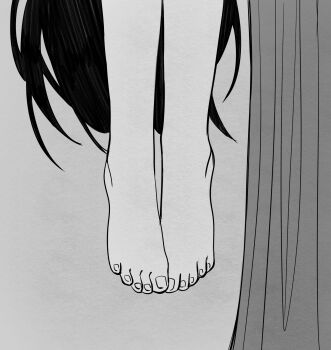 1girl absurdly_long_hair barefoot commentary english_commentary feet feet_only foot_focus greyscale highres implied_suicide krerue long_hair mari_(faraway)_(omori) mari_(omori) monochrome omori simple_background solo spoilers toenails toes very_long_hair