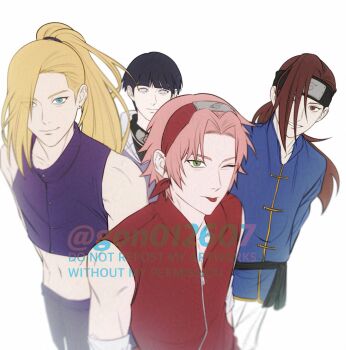 4boys bare_shoulders belt black_belt black_hair black_headband blonde_hair blue_eyes blue_shirt blunt_bangs brown_eyes brown_hair closed_mouth cropped_vest elbow_sleeve genderswap genderswap_(ftm) gon012607 green_eyes grey_eyes grey_hoodie hair_over_one_eye hair_tie hairband haruno_sakura headband headband_around_neck highres hood hoodie hyuuga_hinata long_hair midriff multiple_boys naruto_(series) navel one_eye_closed pants parted_bangs parted_lips pink_hair ponytail purple_pants purple_vest red_hairband red_vest shirt short_hair smile tenten_(naruto) tongue tongue_out twitter_username upper_body vest white_background white_pants yamanaka_ino