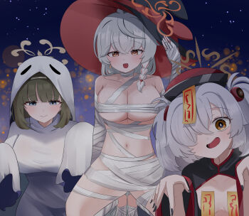 3girls absurdres bandage_on_hair bandaged_chest bandages blue_archive breasts eri_(blue_archive) ghost_costume grey_hair hair_over_one_eye halloween halloween_costume halo hat highres jiangshi_costume kanoe_(blue_archive) long_hair multiple_girls mummy mummy_costume naked_bandage ofuda ofuda_on_head ofuda_on_nipples outstretched_arms pasties qingdai_guanmao sabnak66 sheet_ghost talisman tsumugi_(blue_archive) witch_hat zombie_pose