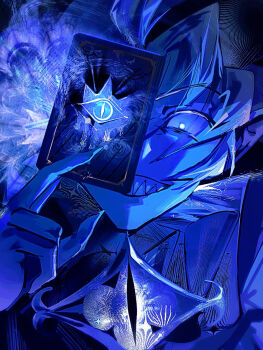 1boy black_background blue_theme card commentary constricted_pupils cookie_run cookie_run:_kingdom covering_one_eye english_commentary evil_grin evil_smile eye_brooch fingernails grin hat highres holding holding_card humanization jester_cap looking_at_viewer magic male_focus monochrome neck_ruff pcacao playing_card shadow_milk_cookie sharp_fingernails sharp_teeth short_hair simple_background smile solo teeth upper_body