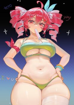 1girl ahoge alternate_breast_size_(larger) arm_ribbon bikini black_background blue_background breasts cameltoe clothing_cutout drill_hair food gradient_background hair_between_eyes hands_on_own_hips highres kasane_teto kasane_teto_(sv) large_breasts mae_algae mouth_hold navel plump popsicle red_eyes red_hair red_ribbon ribbon solo swimsuit synthesizer_v thighs twin_drills underboob underboob_cutout utau