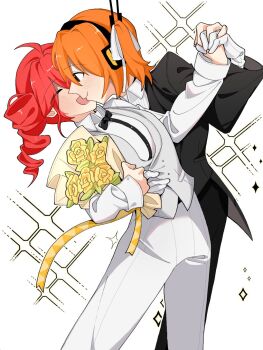 2girls a.i._voice adachi_rei black_suit black_vs_white dancing drill_hair female_focus formal_clothes gloves groom happy highres holding_hands interlocked_fingers kasane_teto multiple_girls orange_eyes orange_hair smile suit twin_drills utau vest white_gloves white_suit white_vest wife_and_wife yi_xing_luren yuri